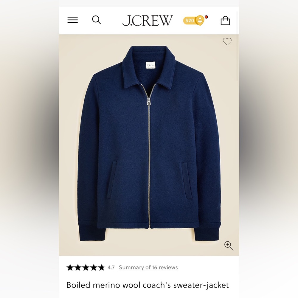 J. Crew Men's Merino Wool Zip-Up Jacket in Navy. New with tags.